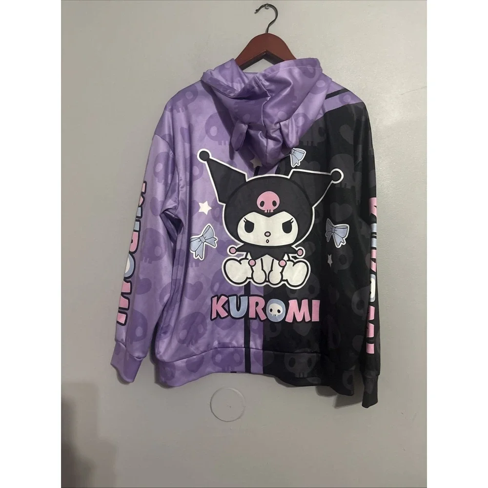 💜 Sanrio Character KUROMI Pull-Over HOODIE w/ EARS ~ Purple & Black‎ Sz Large